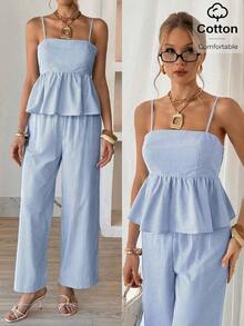 Conjunto de 2 piezas de top de tirantes y pantalones de estilo jacquard elegante para mujer, para verano - Azul y blanco - Ver 2