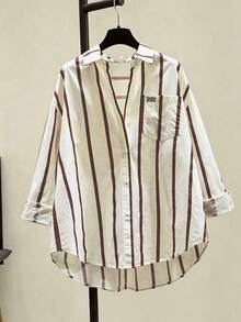 Camisa casual de mujer con bolsillo, hombros caídos, estampado de rayas verdes y parches, para primavera - Rojo - Ver 4