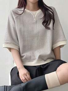 Camiseta de manga raglán con estampado a rayas para el verano - Blanco y Negro - Ver 6