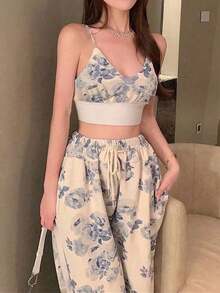 Petite Conjunto de 2 piezas: Top corto tipo camiseta con estampado y pantalones de cintura alta con pernera ancha - Multicolor 2 - Ver 3