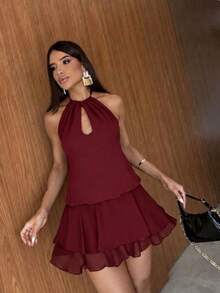 Women's Elegance Noir Glamorous Evening Party Jumpsuit With Halter Neckline In Crepe GGT With Ruffled Hem - 紅木色 - 查看 2