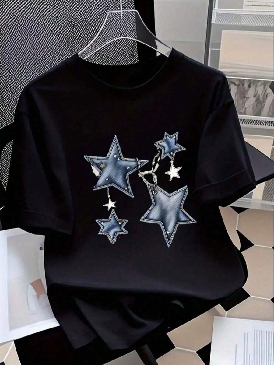 Women's Short Sleeve T-Shirt Autumn-Winter 2025 - Round Neck, Relaxed And Versatile Cut With A Modern Star Print. Soft And Lightweight Fabric With Excellent Drape, Perfect As The Base For A Casual Or Playful Look. Women's Blouses, Women's T-Shirts, Casual Blouses For Ladies - 3 - 查看 1