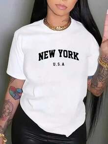 Camiseta casual para mujer, estampada con un motivo de Nueva York, transpirable y que no provoca sudoración, suave y lisa, con una sensación de calidad, adecuada para deportes y fitness, uso diario, vacaciones, oficina, escuela, fiestas y otras ocasiones diversas. - Blanco - Ver 6