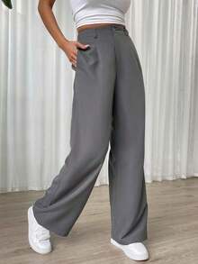 Pantalones rectos de cintura alta de color liso informal - Gris - Ver 6