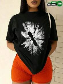 Women's Black Polyester T-Shirt With Dragon Silhouette And Forest Print – Casual And Breathable, National Shipping In Mexico - Black - View 6
