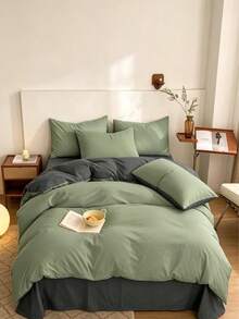 New Solid Color Patchwork Nordic Style Simple Polyester Duvet Cover 3 Pieces Set - Olive Green - View 7