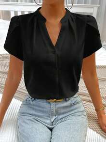 Blusa de trabajo con cuello en pico y mangas de pétalo de color blanco para mujer, blusas de manga corta - Negro - Ver 7