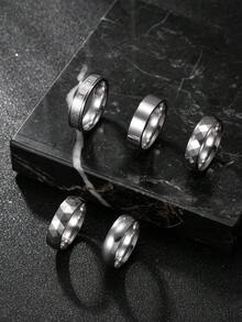 5pcs Glossy Stainless Steel Rings, Roman Numeral Rings, Geometric Rings, Outdoor Style Minimalist Rings, Gift For Boyfriend, Husband, Classmates, Daily Wear - Silver - View 2