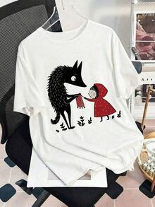 Short-Sleeved T-Shirt With Cartoon Print, White Summer - White - View 5