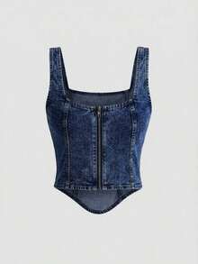 Parte superior de tirantes anchos y cierre trasero de mezclilla casual negra para mujer - Azul lavado oscuro - Ver 2