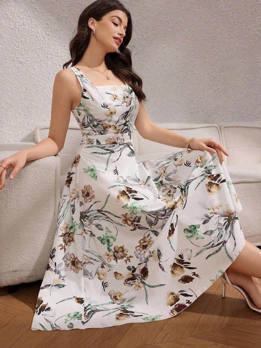 1 pieza Vestido Elegante Estampado con Cintura Ajustada para Mujer - Amarillo - Ver 1