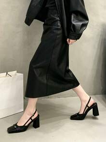 女士时尚高跟穆勒鞋，棕色粗跟露趾凉拖鞋，带绑带 - 黑色 - 查看 6