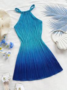 Vestido mini plisado con estampado ombré y cuello halter para mujer, ideal para fiestas, vacaciones, festivales de música, citas de verano, té de la tarde, playa, crucero. Vestido plisado azul, vestido ombré azul, vestido con cuello halter, vestido de vacaciones, vestido de playa, vestido plisado ombré, vestido azul de verano, vestido azul de playa, vestido de vacaciones azul, vestidos plisados, vestido oceánico, vestido azul de verano. - Multicolor - Ver 11