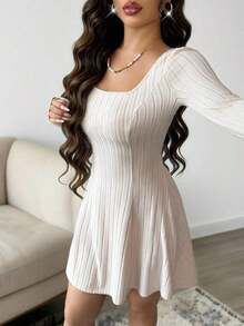 Vestido casual de mujer de unicolor con cuello redondo, manga larga, espalda descubierta y costilla retorcida, para otoño, vestidos de otoño, atuendos de otoño para mujer, vestidos de invierno para mujer, vestido con lazo en la espalda, vestido de moda y versátil, para uso al aire libre, uso casual diario en el hogar - Albaricoque - Ver 5