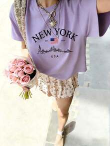 Camiseta de mujer de verano de ajuste holgado con cuello redondo y manga corta, con estampado de eslogan simple, estilo casual de vacaciones. Blusa de moda apta para uso diario y de vacaciones. - Púrpura malva - Ver 12