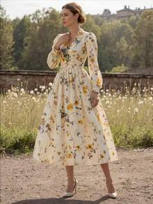 Vestido largo vintage primavera cuello V estampado manga larga elegante moda clásica para mujer - Amarillo - Ver 7