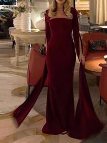 Vestido largo francés primavera 2026, liso ajustado con abertura, estilo elegante - Rojo - Ver 6