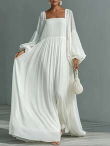 Vestido largo primavera 2026, mangas farol estilo vacaciones, falda amplia elegante - Blanco - Ver 3