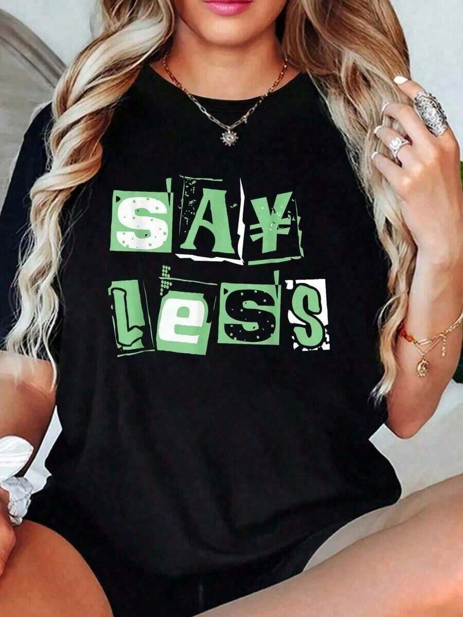 Women's "Say Less Pale" Light Green 100% Cotton Graphic T-Shirt, Round Neck, Short Sleeve, Casual Style. - 黑色 - 查看 1