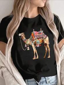 1 pieza clásica y versátil, camiseta corta de algodón puro con mangas cortas, decorada con estampados multicolores de camello. Estilo moderno - Negro - Ver 1