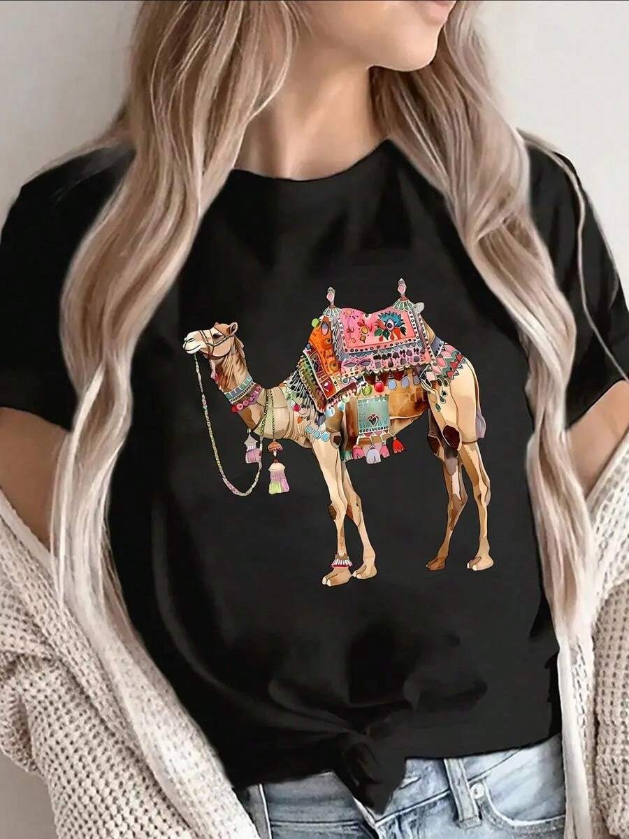 1 pieza clásica y versátil, camiseta corta de algodón puro con mangas cortas, decorada con estampados multicolores de camello. Estilo moderno - Negro - Ver 1
