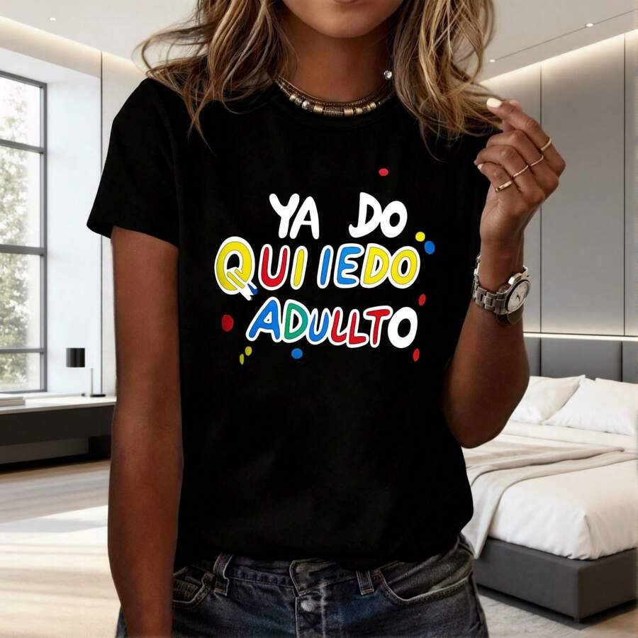 Playera Mujer Cuello Redondo 100% Algodón Estampado con Frase Divertida en Colores Vibrantes Uso Diario Casual Tela Elástica Resistente al Desvanecimiento Top Casual de Uso Diario|Top de Moda Femenino - Negro - Ver 1