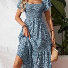 Holidaya Square Neck Ditsy Floral Casual Summer Short Sleeve Dress Maxi Vacation Beach Outfits Women - Marrón - Ver 8