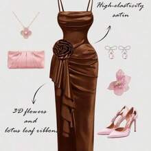 MOD Dreamy 3D Floral High-Slit Satin Dress With Draped Neckline And Ruffle Details – Perfect For Vacation, Romantic Occasions, Beachwear, Date, Picnic, Party, Prom, Festival, And Birthday; Romantic Vintage Court Style,Summer Dresses For Women - Marrón - Ver 1