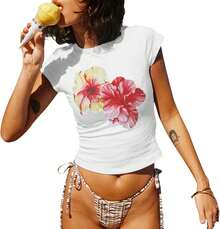 Playera ombliguera para mujer con estampado de frutas, estilo retro lindo de los 90 y  Y2K, blusa corta de manga corta súper bonita, ideal para verano, look juvenil y casual que toda chica va a amar HP9M - Blanco - Ver 5