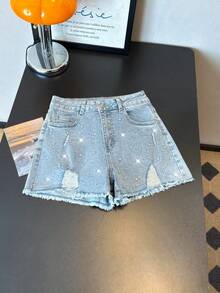 ALO FASHION Women's Straight Leg Denim Shorts with Rhinestone Diamante Chainmail Embellishments, High Stretch Casual Cute Sexy Boho Party Short Ripped Bermuda Style, Light Wash Short Grunge - azul real - Ver 3