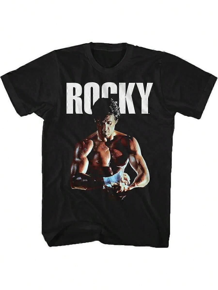 Camiseta Gráfica de Rocky Balboa para Hombres - Estampado Inspirado en Rocky y Creed, con Letras Blancas, Corte Regular para Uso Diario y Gimnasio, Ropa Deportiva Lavable a Máquina, Cuello Clásico, Tejido Cómodo, Ideal para Amantes del Deporte - Negro - Ver 1