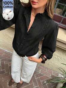 de mujer de unicolor con cuello alto, botones delanteros, bordado hueco y manga larga - Negro - Ver 7
