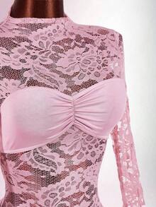 Blusa de encaje para mujer con vestido mini ajustado de tul rojo vintage con cordón en el bajo, estilo bohemio para fiesta - Rosa - Ver 7