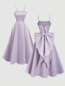 MOD Vestido de satén color albaricoque con lazo en la espalda y largo medio - Púrpura malva - Ver 6