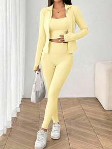Conjunto deportivo de 3 piezas para mujer: Cárdigan de punto con cremallera + Camiseta + Pantalones en color negro - amarillo ganso - Ver 4