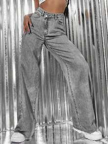 ICON Pantalones Largos De Mezclilla De Cintura Alta Cruzada Para Mujer - Gris - Ver 7