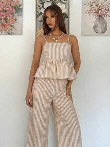 Conjunto de 2 piezas de top de tirantes y pantalones de estilo jacquard elegante para mujer, para verano - Azul - Ver 5