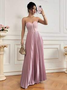 Vestido elegante y romántico con cintura fruncida y bajo en línea A para mujeres - Rosa vieja - Ver 7