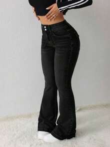Tall Jeans casuales de mujer, jeans ajustados elásticos acampanados - Negro - Ver 4
