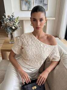 Blusa de cuello asimétrico con lentejuelas - Albaricoque - Ver 3