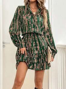 Vestido corto de manga larga con cuello alto, manga linterna, cintura y dobladillo con volantes para mujer - Verde Oscuro - Ver 3
