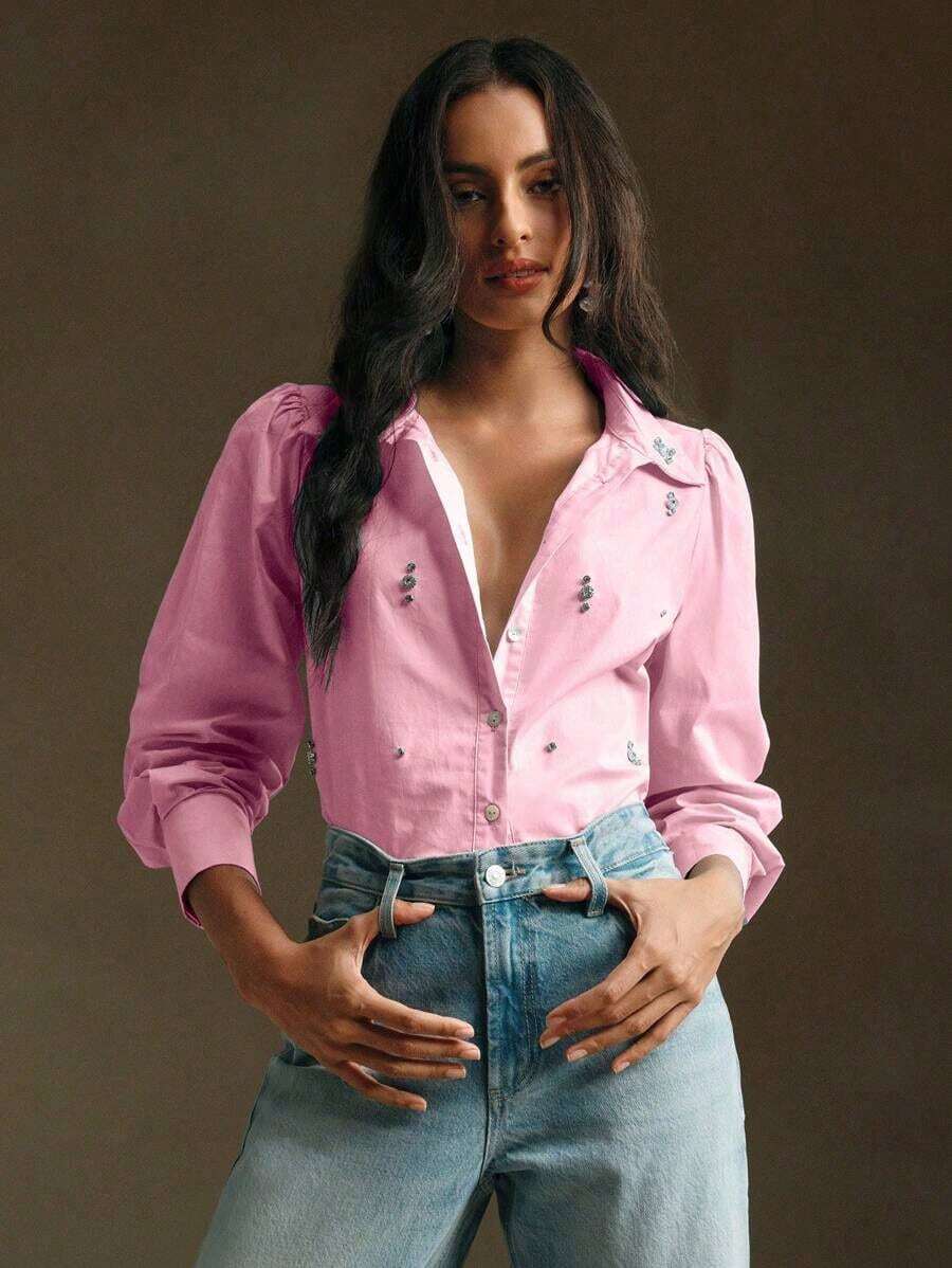 Blusa de manga larga para mujer con adornos de strass verde, elegante para fiestas, casual para ir al trabajo, ideal para primavera/verano, vacaciones y el Día de San Valentín - Rosa - Ver 1