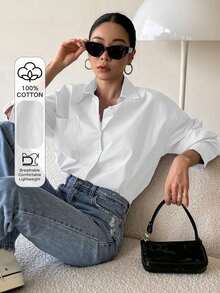 Camisa con bolsillo delantero y botones, manga larga, ropa de vuelta al colegio para otoño - Blanco - Ver 11