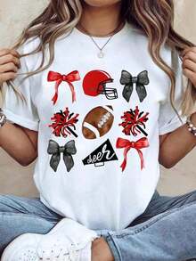 Women's 100% Cotton Short-Sleeved T-Shirt, Casual Style, With Round Neck And Cartoon And Plant Print, Regular Length, With Appliqués - Urban Vintage Style, Unisex, Loose Fit, Cotton, Short-Sleeved And Round Neck, Summer Clothing For Women. - 白色 - 查看 1