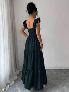 Elenzya Vestido largo de unicolor para mujer, vestido largo estilizante con cintura elástica y parches, elegante y de moda para uso diario, cenas y citas, primavera/verano - Verde - Ver 2