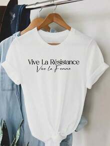 100% algodón, 1 pieza, camiseta blanca para mujer con estampado de texto "Vive La Résistance", cuello redondo, camiseta casual de algodón, tejido de punto de elasticidad media, corte regular para damas, para primavera/verano/otoño. - Blanco - Ver 5
