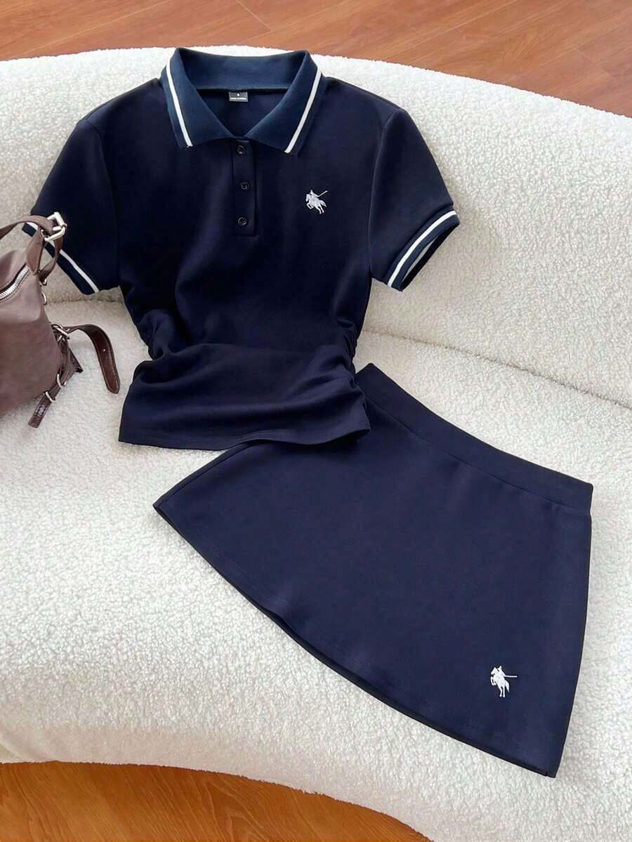 de 2 piezas de camiseta con cuello y fruncido casual y falda A-line bordada, azul marino, para primavera y verano - Azul marino - Ver 1