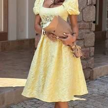 Women's Spring/Summer Elegant Square Neck Petal Sleeve Floral Textured Waist Cinched Flare Hem Midi Dress, Suitable For Vacation, Wedding, Party - Rosa - Ver 11