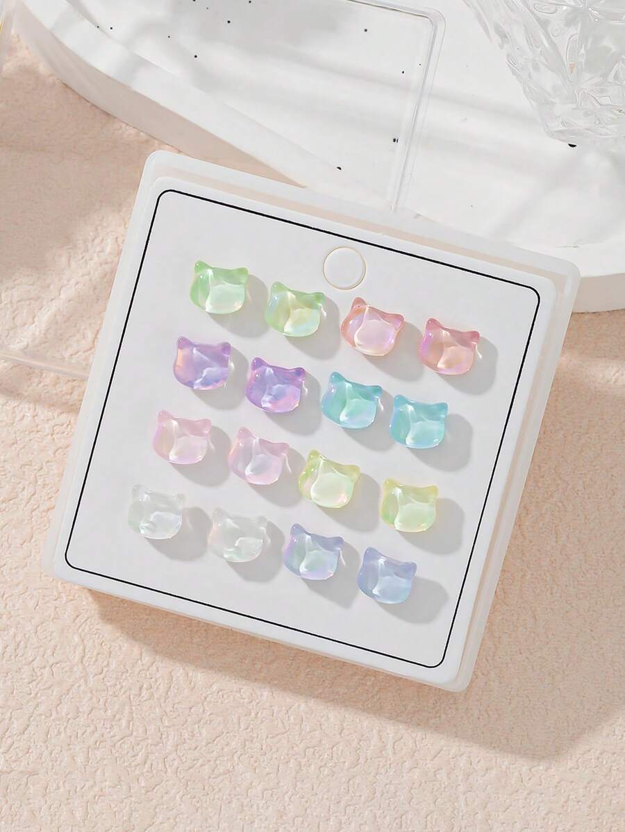 8对可爱卡通猫耳钉,小巧简约清新耳环,适合户外拍照佩戴,精致首饰礼品 - 彩色 - 查看 1