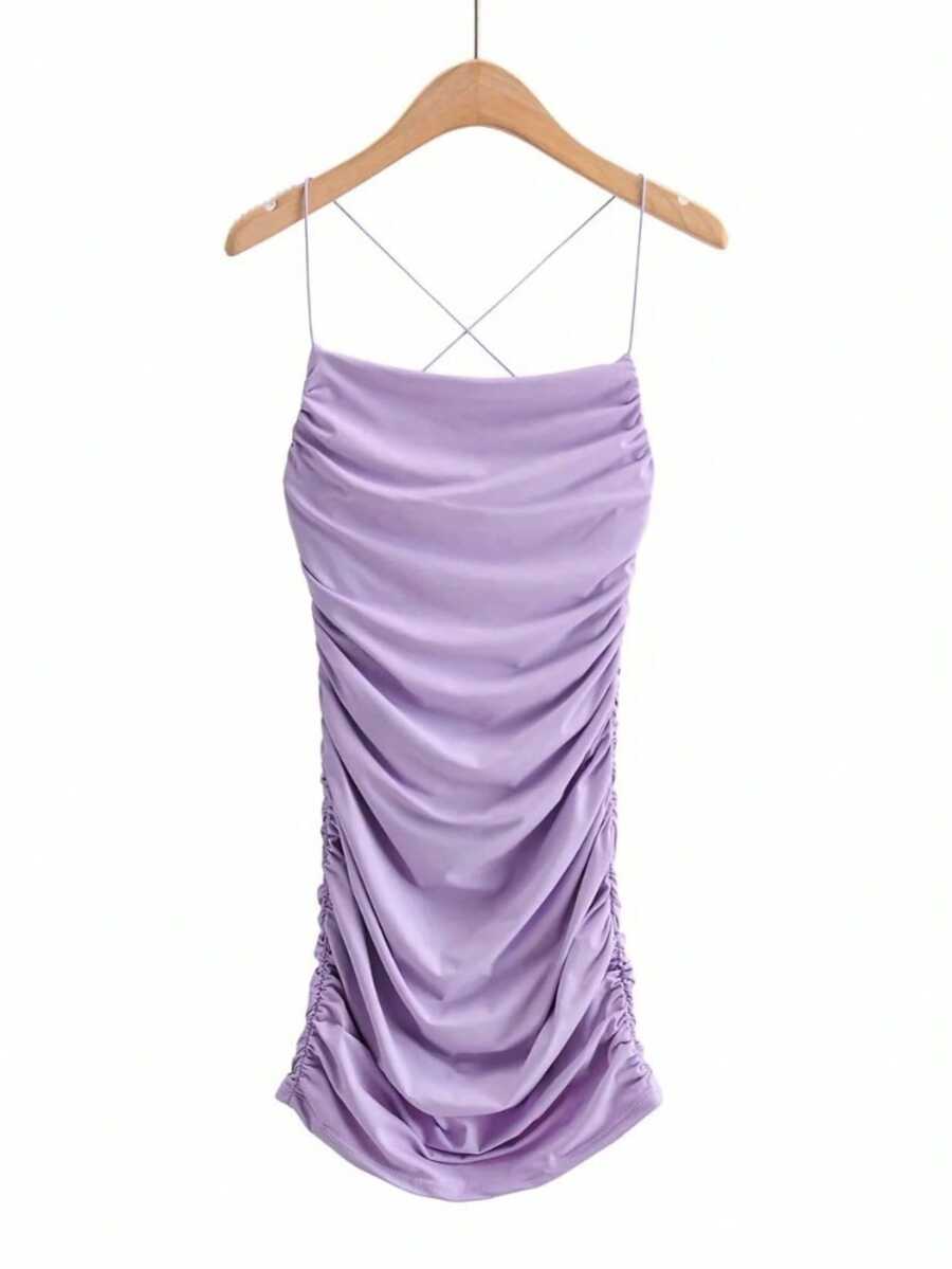 Vestido tirantes finos espalda super descubierta plisado elástico ajustado falda cadera estilo INS verano 2026 - Morado - Ver 1